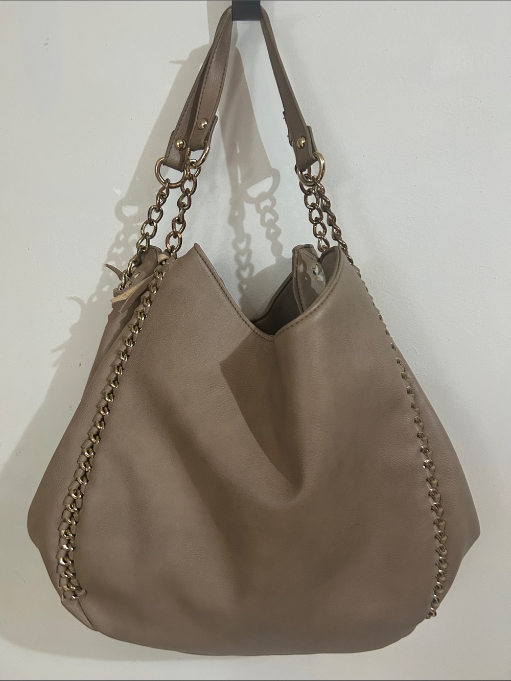 bebe Taupe Shoulder Hobo with Gold Chain Accents